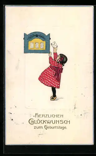 Präge-AK Mädchen steckt Glückwunsch-Brief in den Postkasten