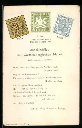 AK Abschiedslied der württembergischen Marke, Briefmarken von 1851, 1857 und 1869