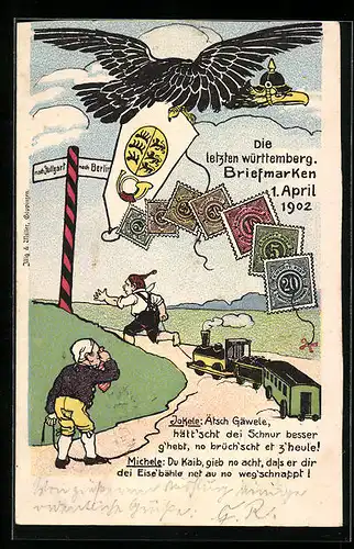 AK Die letzten württemb. Briefmarken 1. April 1902, Adler mit Pickelhaube und Briefmarken an Papierdrachen