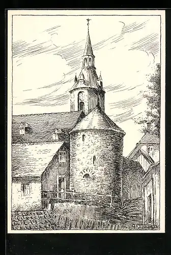 Künstler-AK Arzberg, Pulverturm-Partie