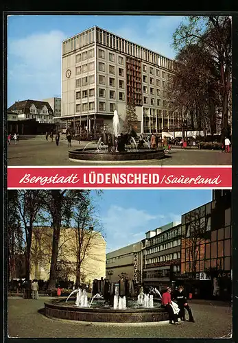 AK Lüdenscheid /Sauerland, Strassenpartie mit Brunnen