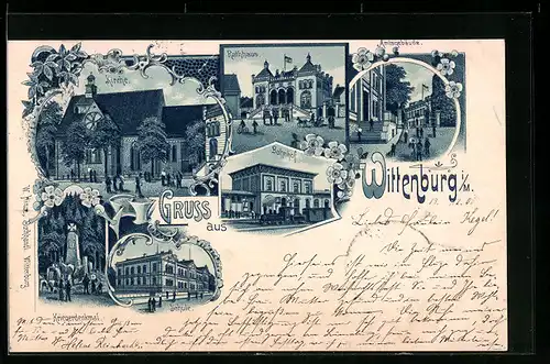 Lithographie Wittenburg i. M., Schule, Kriegerdenkmal, Amtsgebäude, Bahnhof