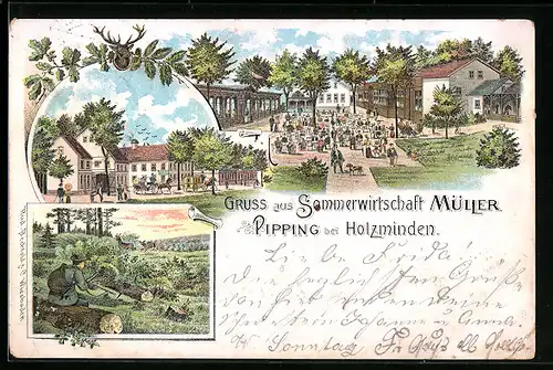 Lithographie Pipping bei Holzminden, Gasthaus Sommerwirtschaft Müller, Jäger und Rehe