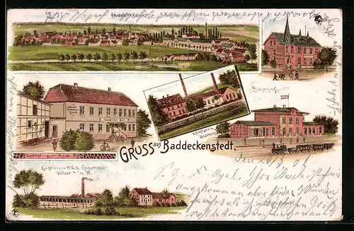 Lithographie Baddeckenstedt, Gesamtansicht, Kalkfabrik Wesemann, Ziegelei Heinemann, Gasthof zur Rast, Bahnhof