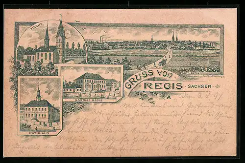 Lithographie Regis /Sa., Gesamtansicht, Gasthof, Rathaus