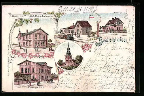 Lithographie Bodenteich, Bahnhof, Beamtenhaus, Bahnhofs-Hotel Lahrmann, Kruskops Hotel