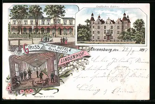 Lithographie Ahrensburg, Hotel & Restaurant Lindenhof, Gräfliches Schloss