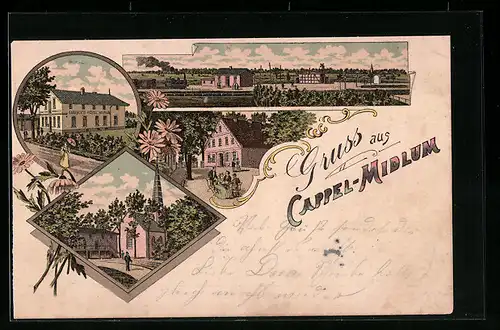 Lithographie Cappel-Midlum, Ortsansicht mit Bahnhof, Bahnhofs-Hotel