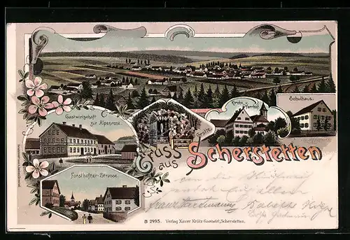 Lithographie Scherstetten, Gesamtansicht aus der Vogelschau, Gasthaus zur Alpenrose, Forsthofner Strasse