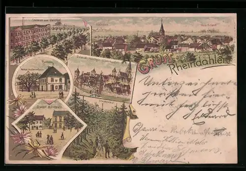 Lithographie Rheindahlen, Ortsansicht, Strasse zum Bahnhof, Marktplatz