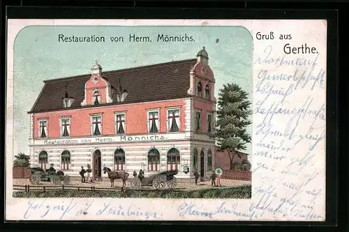 Lithographie Gerthe, Gasthaus Herm. Mönnichs, mit Kutschen