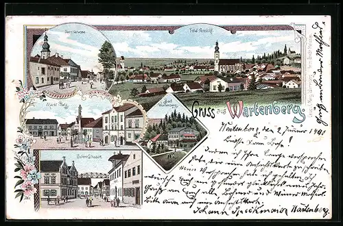 Lithographie Wartenberg, Totalansicht, Obere und Untere Strasse