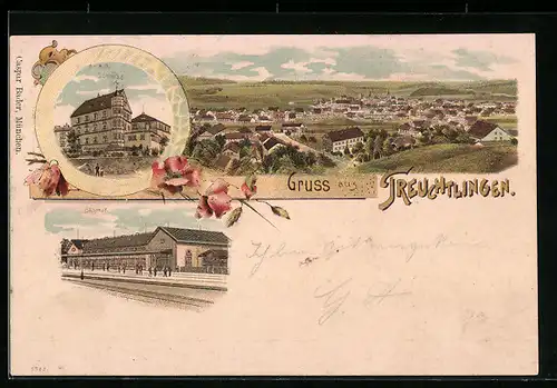 Lithographie Treuchtlingen, Gesamtansicht aus der Vogelschau, Bahnhof, Schloss