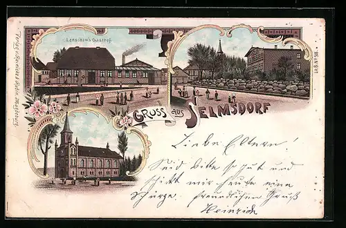 Lithographie Selmsdorf, Lenschow`s Gasthof, Strassenpartie, Kirche