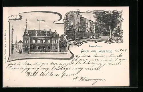 Passepartout-AK Vegesack, Postamt mit Strasse, Weserstrasse