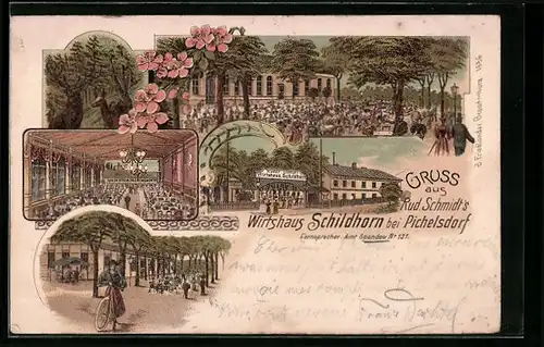 Lithographie Pichelsdorf, Gatstätte Wirtshaus Schildhorn mit Garten und Saal, Radfahrerin