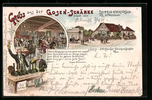 Lithographie Leipzig-Eutritzsch, Gasthaus Gosen-Schänke mit zechenden Studenten
