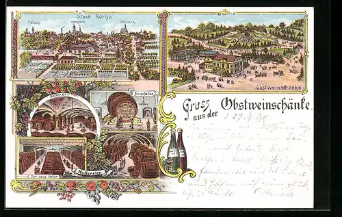 Lithographie Rötha, Ortsansicht mit Schloss, Gasthaus Obstweinschänke, Gesamtansicht mit Kellereien