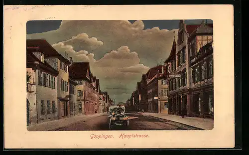 AK Göppingen, Hauptstrasse mit Automobil und Kleidergeschäft Langbein