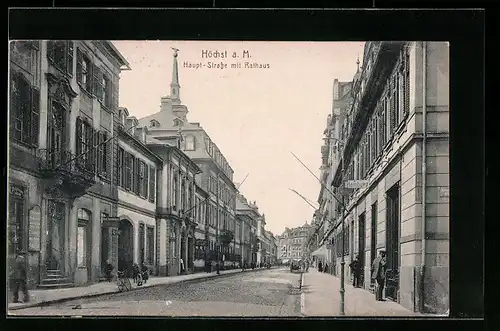 AK Höchst a. M., Hauptstrasse mit Bäckerei und Rathaus