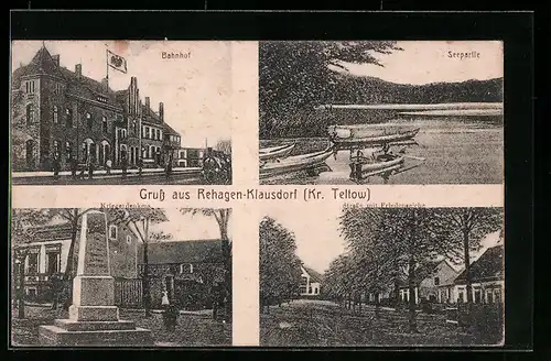 AK Rehagen-Klausdorf /Kr. Teltow, Bahnhof, Strassenpartie mit Friedenseiche, Kriegerdenkmal