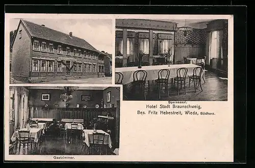 AK Braunschweig, Hotel Stadt Braunschweig, Innenansichten Gastzimmer und Speisesaal