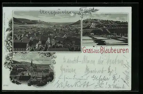 Lithographie Blaubeuren, Teilansicht, Klosterkirche mit Seminar, Blaiche
