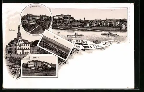 Lithographie Pirna a. Elbe, Sonnenstein, Kaserne, Seminar