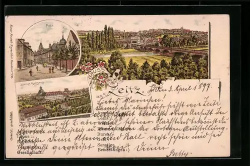 Lithographie Zeitz, Teilansicht mit Brücke, Schloss Moritzburg, Post