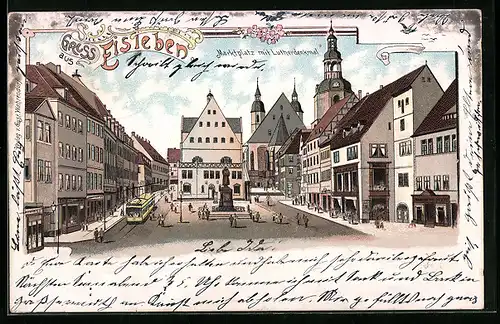 Lithographie Eisleben, Marktplatz mit Geschäften, Lutherdenkmal und Strassenbahn