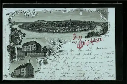 Mondschein-Lithographie Burghausen, Ortsansicht, Bischöfliches Seminar, Kgl. Gymnasium