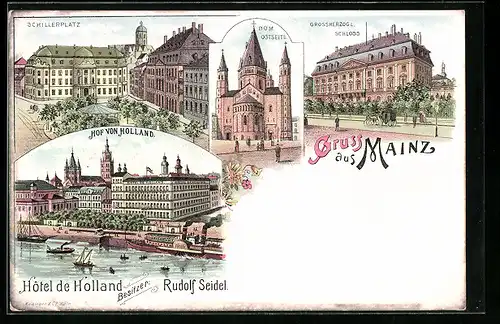 Lithographie Mainz, Hotel de Holland, Bes.: Rudolf Seidel, Schillerplatz, Dom