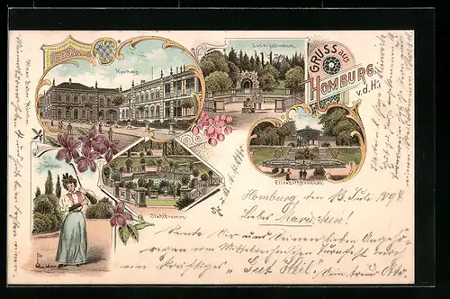 Lithographie Homburg v. d. H., Kurhaus, Ludwigsbrunnen, Stahlbrunnen, Elisabethbrunnen