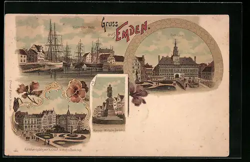 Lithographie Emden, Hinter der Halle, Rathaus, Kaiser-Wilhelm-Denkmal