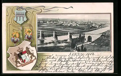 Passepartout-Lithographie Kitzingen, Ortsansicht aus der Vogelschau, Wappen