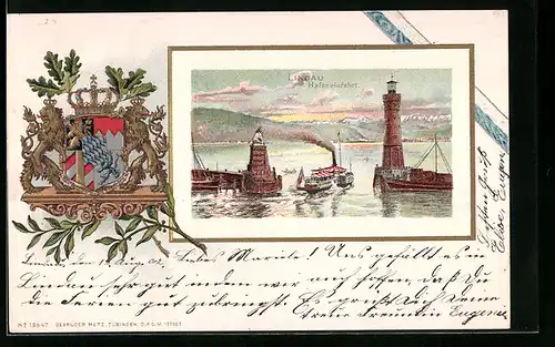 Passepartout-Lithographie Lindau, Hafeneinfahrt mit Dampfer, Wappen