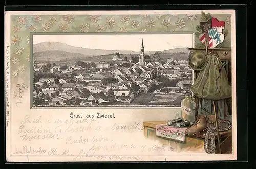 Passepartout-Lithographie Zwiesel, Ortsansicht aus der Vogelschau, Wappen