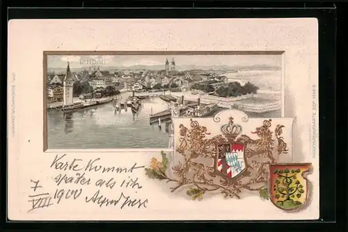 Passepartout-Lithographie Lindau, Ortsansicht mit Dampfern, Wappen