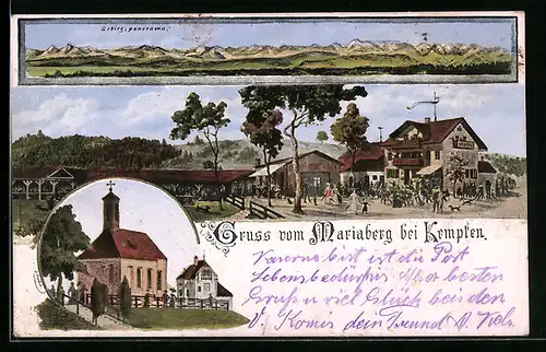 AK Kempten, Gasthaus Mariaberg, Gebirgspanorama, Kirche