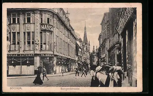 AK Bochum, Bongardstrasse mit Geschäften und Kirchturm