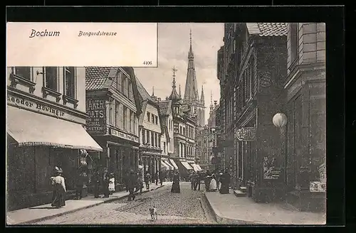 AK Bochum, Bongardstrasse mit Geschäften und Kirchturm