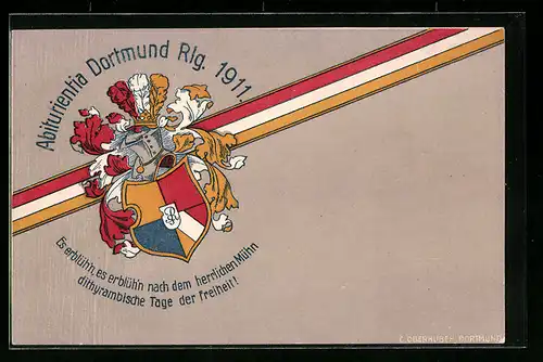 Künstler-AK Dortmund, Abiturientia Dortmund Rlg. 1911, Ritterhelm und Studentenwappen, Absolvia