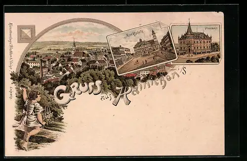 Lithographie Hainichen i. Sa., Teilansicht, Postamt, Marktplatz