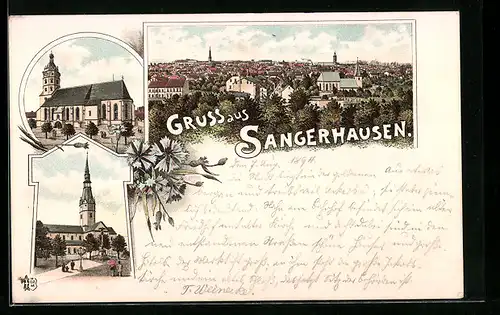 Lithographie Sangerhausen, Teilansicht, Kirche, Denkmal