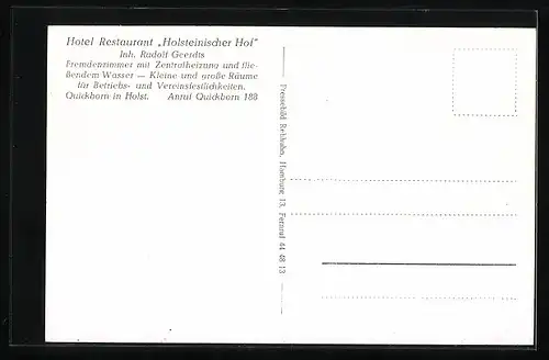 AK Quickborn in Holst., Hotel Restaurant Holsteinischer Hof von Rudolf Geerdts