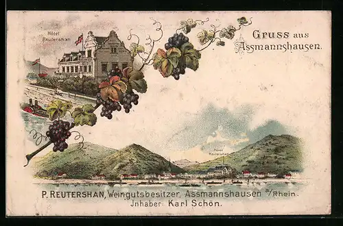 Lithographie Assmannshausen, Hotel Reutershan, Weinrebe, Rheinpartie