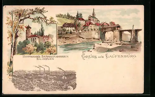 Lithographie Laufenburg, Ortsansicht mit Brücke, Ruine, Hoffmanns Stärkefabriken Salzuflen