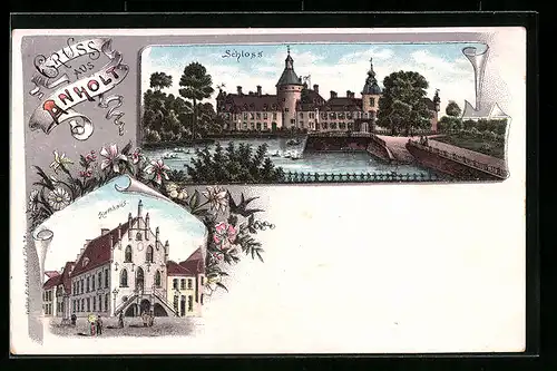 Lithographie Anholt, Schloss und Rathaus