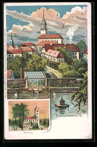 Lithographie Bischofswerda i. S., Ortsansicht mit Kirchturm und Bad