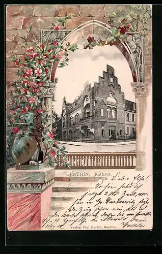 Passepartout-Lithographie Genthin, Blick zum Rathaus